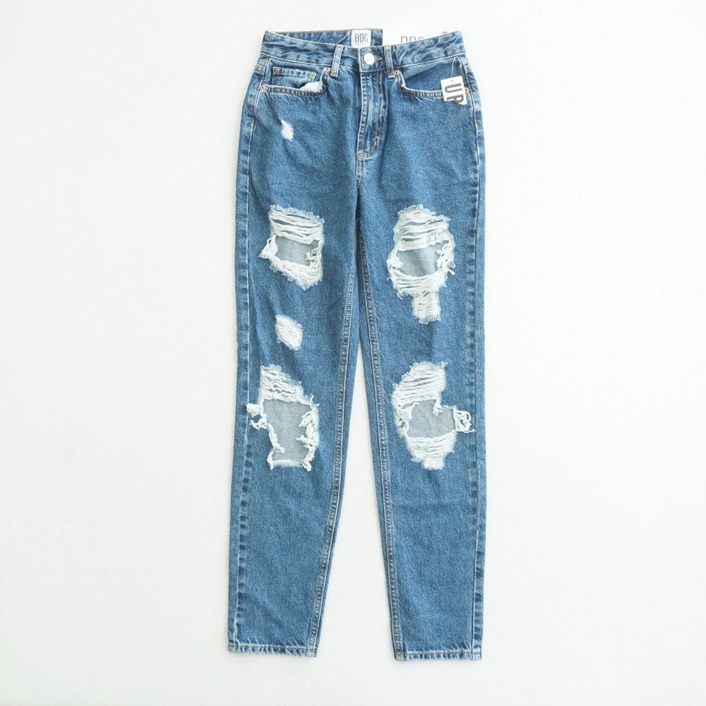 BDG Urban Outfitters Mom Jeans Size 25 High Rise Distressed Ripped Denim Blue